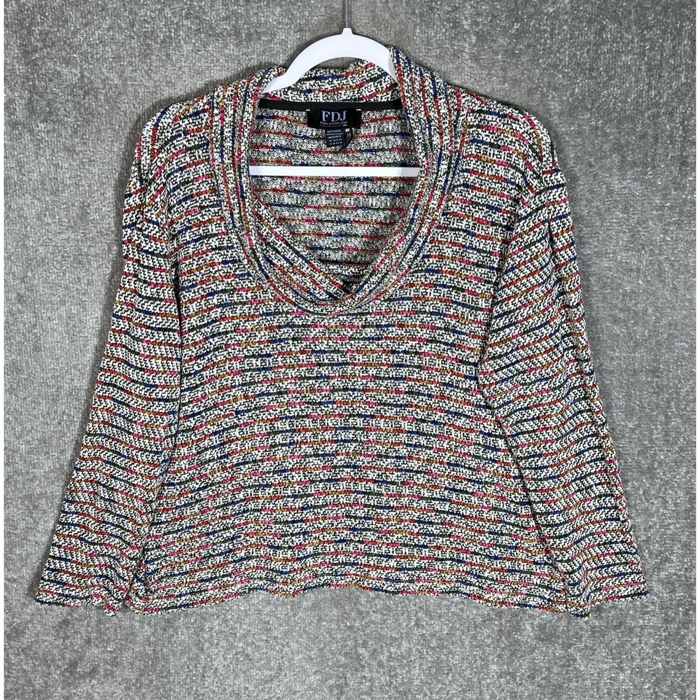 French Dressing‎ Cowl Neck Top Womens Medium Rainbow Chenille Stripe Semi-Sheer